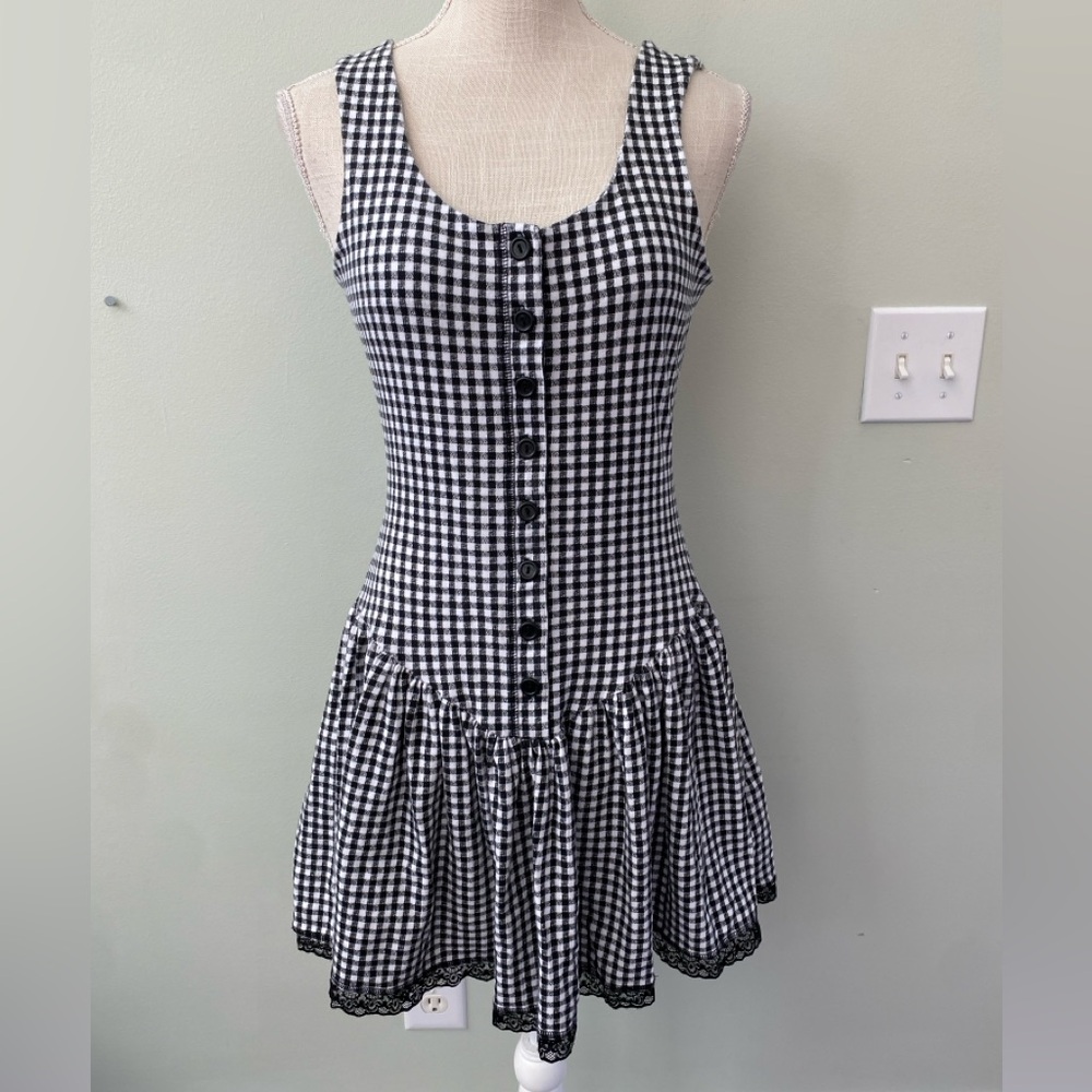 VINTAGE Y2K BETSEY JOHNSON GINGHAM DRESS MEDIUM SKATER STRETCH POCKETS BLACK WHT